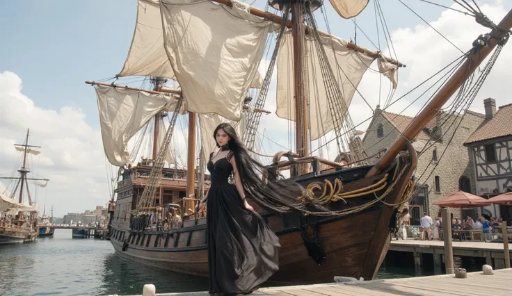 A giant wooden sailboat about to be published in a medieval harbor、with her long black hair fluttering in the wind、A beautiful woman in a long black dress、full body、 watercolor