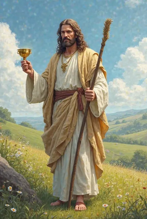 jesus,pasture,right hand holding stick,left hand holding a golden chalice,