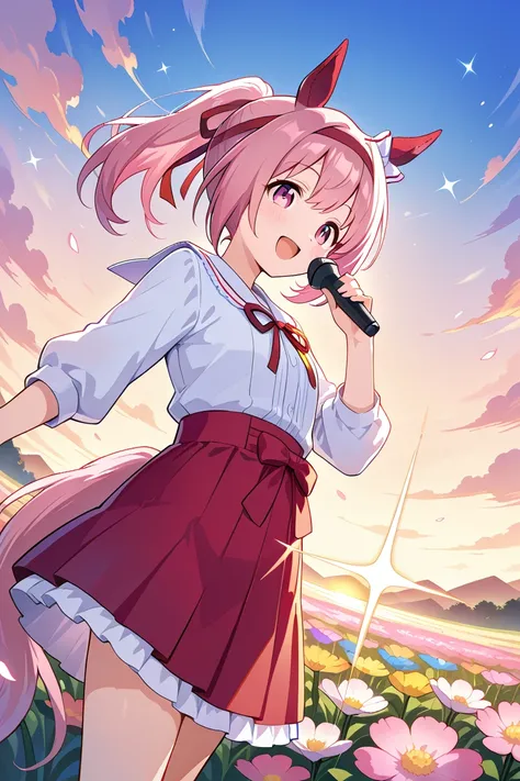 UMAHU ,horse ears,red ear covers,white hairbow,red headband,pink hair,ponytail,pink eyes,horse tail、flat  chest ,smile、looks happy、Flower Field、Singing with small birds