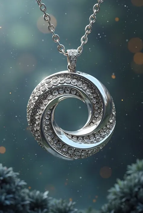 necklace with silver pendant. The pendant is circular in shape with a hole in the middle with uneven thickness, starting small from the bottom then increasing in a circular manner until the large end meets the small beginning. like a whirlpool. the carved ...