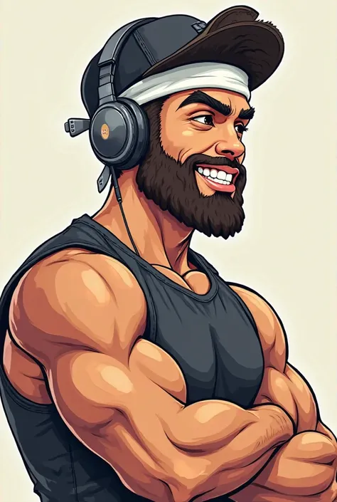 A cartoon face of a young man with a polished beard, a black cap, white headband headphones, clear lenses and muscular arms.