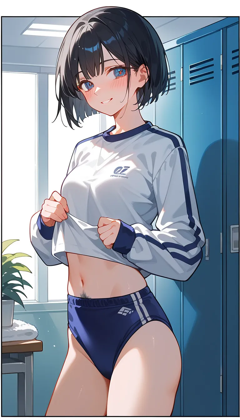 (beautiful girl : 1.3),1 girl,(White gym clothes, Long Sleeve,Dark blue buruma, pubic hair), black hair,bob cut,smile, is embarrassing,blush,changing room,masterpiece,Highest quality,Ultra High Definition,rich contrast,high image quality,8k,High Definition...