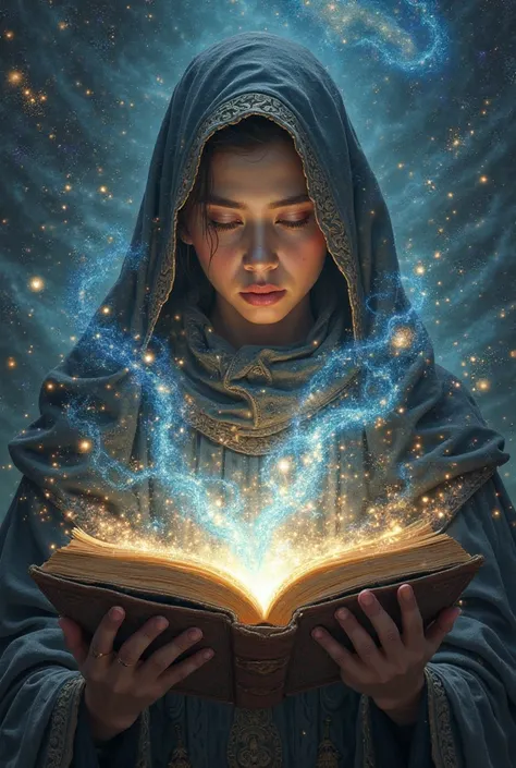 Magic book being read, poer universal, Just by hands being realistic, Person transacting, With universe behind