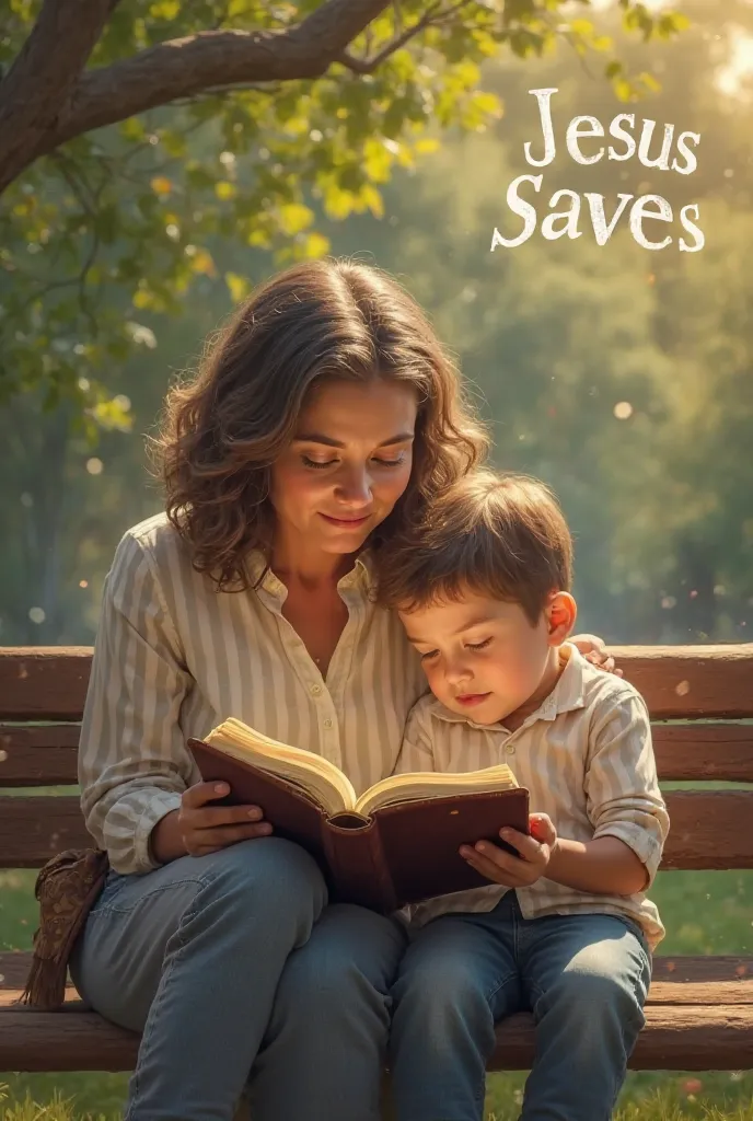 Maria sitting on a park bench with her son, reading the Bible together. The words “Jesus Saves” appear on the screen.