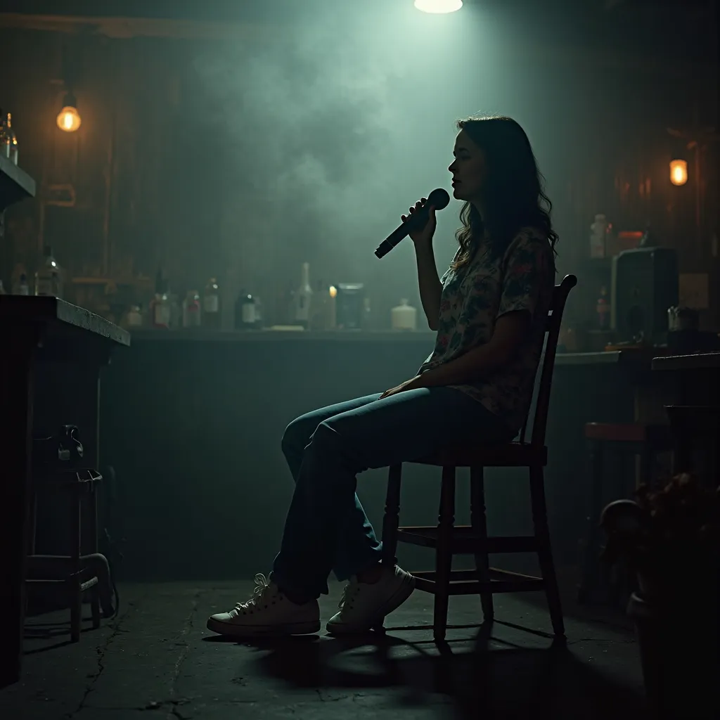 close-up of a middle-aged woman in profile, sitting informally on an old chair in a bar, low lighting, among the dense fog you can see her silhouette holding a microphone near her mouth, you can see that she is beautiful, with long wavy black hair, casual ...