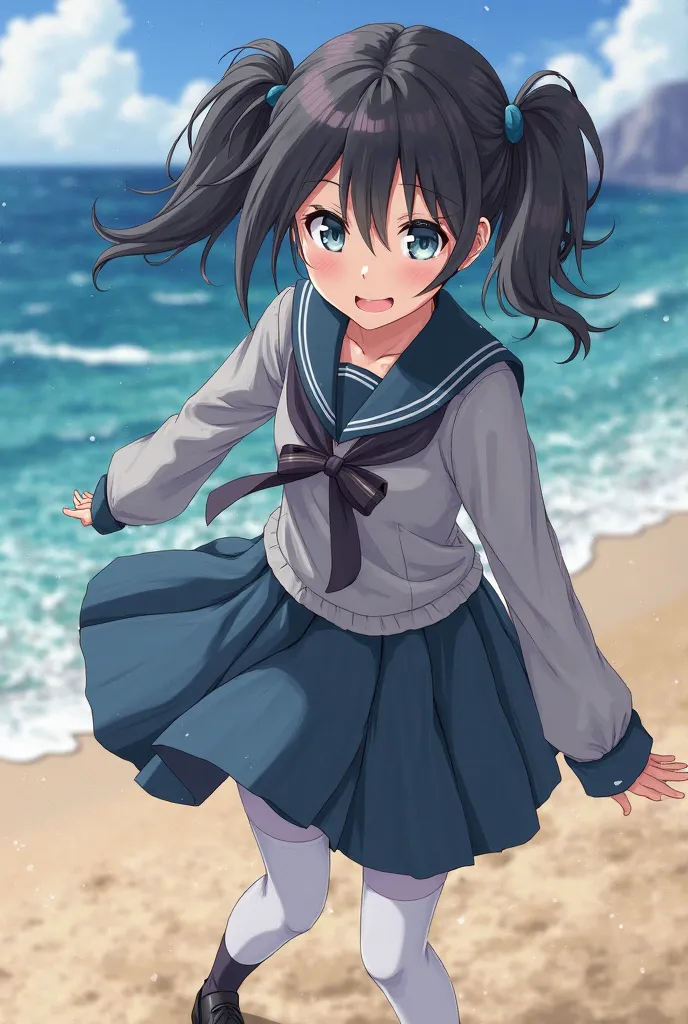  anime-style image,  young woman, Black hair with two pigtails, shiny gray eyes, school dress color gray with dark blue, white stockings, black shoes, a bow around her waist, attack on the beach,  medieval fantasy world.