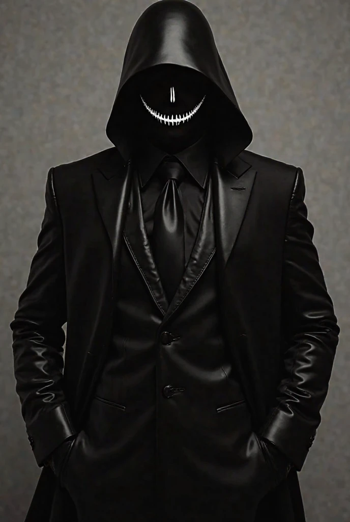 Black gloss, a white smile expression on, with a full black mask, mask in a black suit