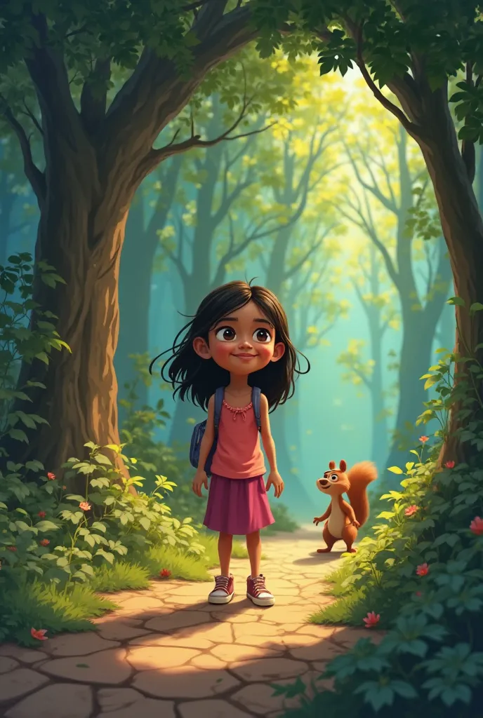 Create a 3-minute 2D animated video featuring a young girl named Maya who discovers a hidden portal in her backyard leading to a magical forest. In this forest, she befriends a talking squirrel named Nutty. Together, they embark on a quest to find a lost t...