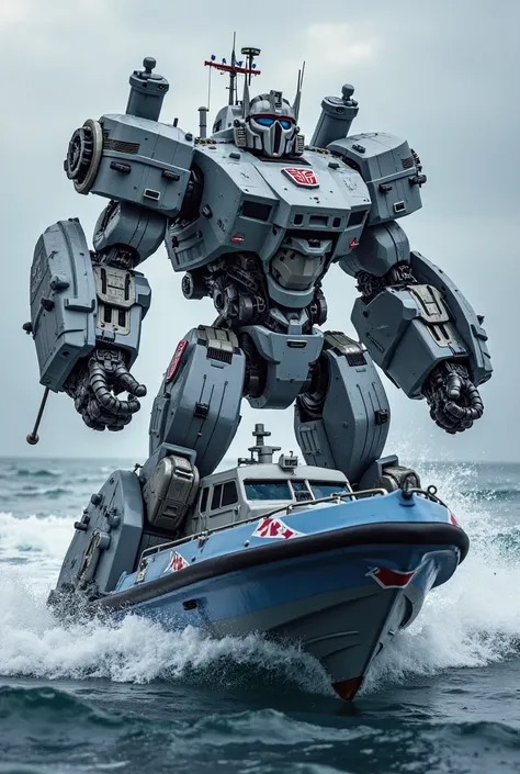 The boat WSP 22 - Transformer shows a fast, robust patrol boat, that turns into an aggressive water transformer. The boat is gray and blue, with military details and powerful cannons on the front deck. The transformer mode has a muscle-packed, humanoid bod...