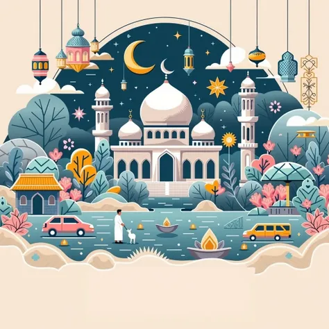 An vector image with  colofull mosque with a many of plants. An silamic man stand in front of mosque. Smaller than the building . With  Cream Cloud and litle stars background And a letter Eid Mubarok on top of mosque. Also islamic colorfull lentern oh top ...