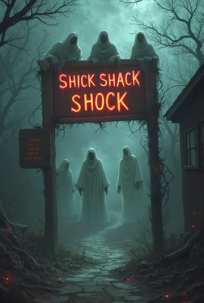 Imagine a nameplate with name of "SHICK SHACK SHOCK" and put some scary stuff around also ghosts with bold fonts