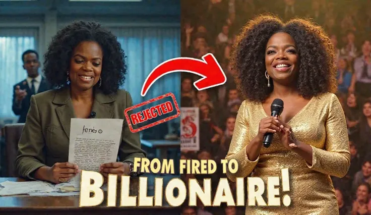 A powerful split-image transformation of Oprah Winfrey, showing her journey from failure to success. On the left side, a young, struggling Oprah in a 1970s newsroom, wearing a blazer, sitting at a desk with teary eyes and a heartbroken expression, looking ...