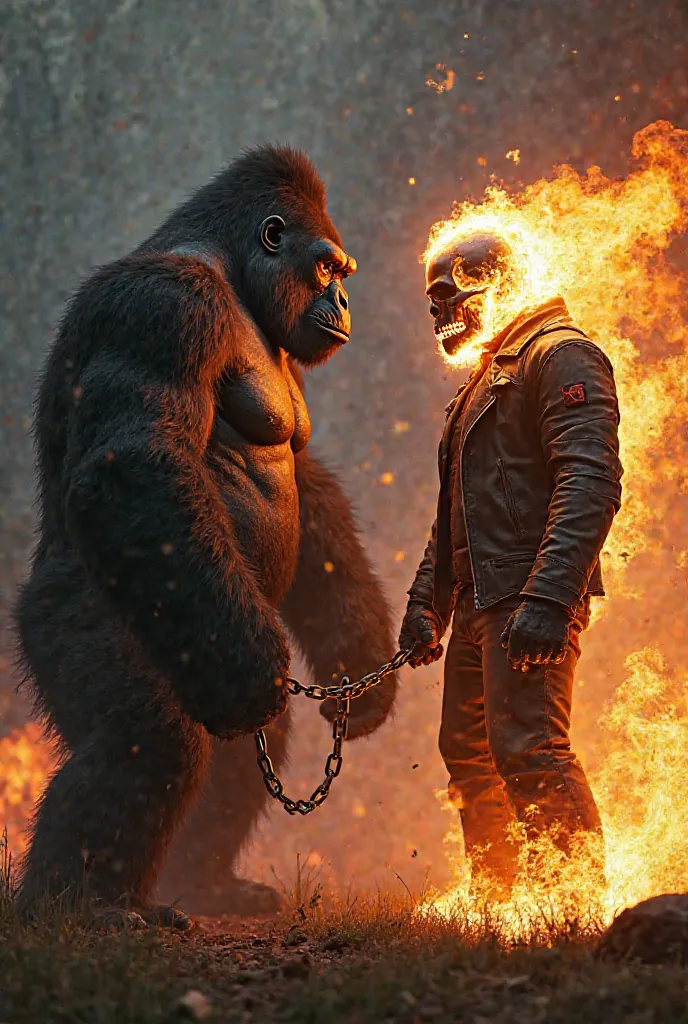 Create an image of a massive, muscular silverback gorilla and Ghost Rider standing face to face in a tense standoff. The gorilla has dark fur, a powerful stance, and an intense glare, while Ghost Rider, with his flaming skull and leather jacket, grips his ...