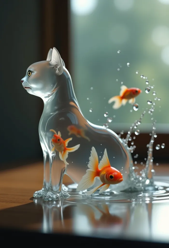 The transparent liquid cat has lost its shape, the water bursts, and the goldfish in the liquid is splashing、