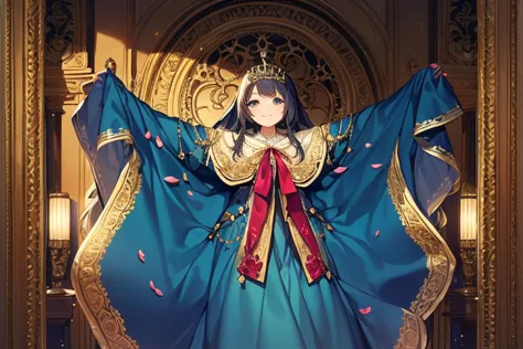 masterpiece, best quality, (very long blue poncho:1.15), rococo style, (a girl is wearing a long poncho), big ribbon on the chest, 1 little princess, tiara, smile, very long hair, small breasts, a girl spreads her arms, The girl's arms are hidden inside th...