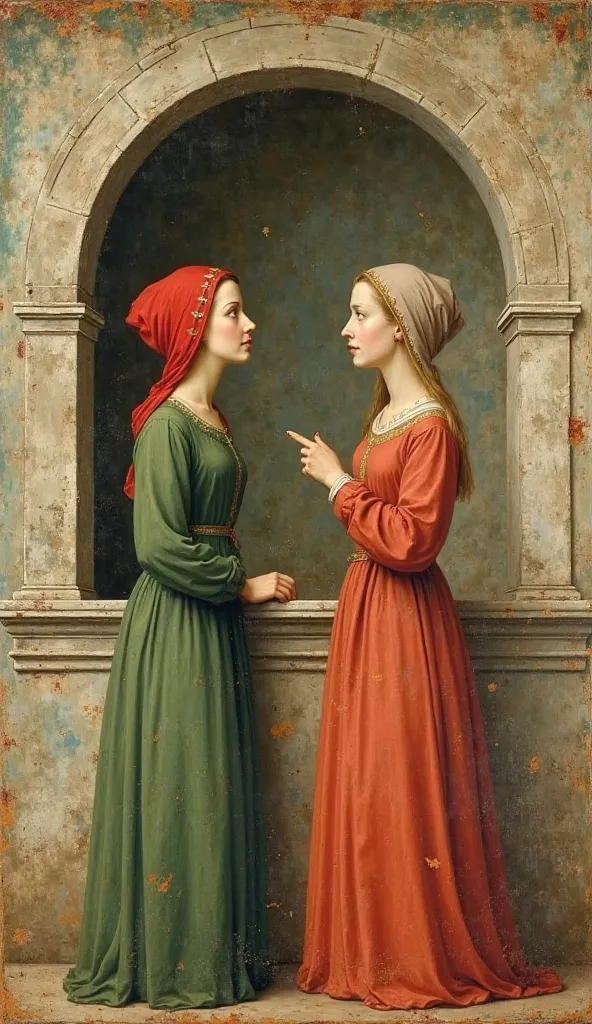 "A painting in the style of medieval or early Renaissance artwork featuring two women talking at a balcony. The first woman wears a green dress with a red headscarf, and the second woman wears a red dress with a matching head covering. They are positioned ...