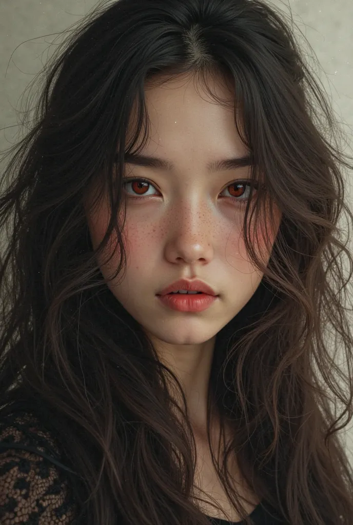 Beautiful girl with wavy black brown long hair, red eyes