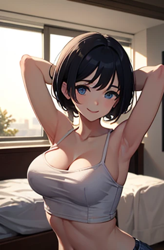 1 girl、cute、smile、 blue eyes、 black hair、(short hair)、(smile:1.1)、beautiful breasts、belly button、place arms behind head、 white camisole、lying on her back、 bed、watching viewers、Painting、(macro shot)、