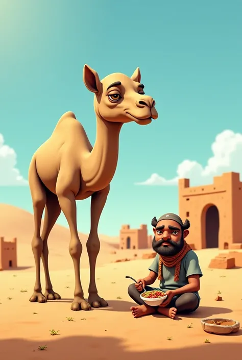 "A weak and sad camel named Kammo standing under the scorching sun in a desert village. His cruel owner, a rough-looking man, is sitting under the shade, eating food while ignoring the hungry camel. The camel's ribs are slightly visible, and his eyes are f...