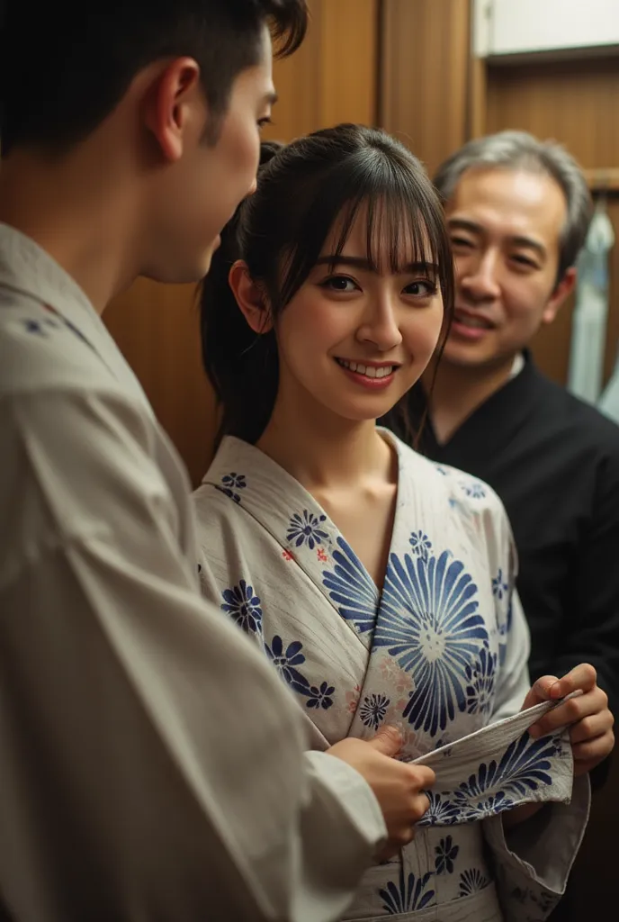 (Highest quality、4K、High Resolution)、A woman wearing a disheveled yukata、An old man puts his hand in a woman's yukata from behind、poor bust、 dressing room、Smiling at the camera、Ponytail、