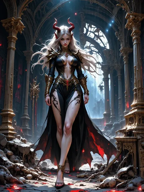 - "Russian" Adult Woman, Beautiful, tall, long legs, Long Devil Horns on her head in White, Long Hair.

Body full of tribal tattoos that are clearly visible.
(Facing the audience).

- Wearing a costume ("Full Sexy Armor"), a costume that embodies the "Devi...