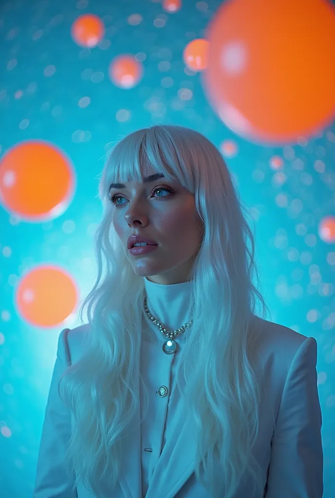 fashion magazine photoshoot of a woman with white longt hair and kitsch outfit. Dreamy blue and orange balls floating. luminogram, detailed, cinematic, glamourous, vogue, prada, versace, fashion world, editorial, dreamy glow, extraterrestrial, fantastic re...