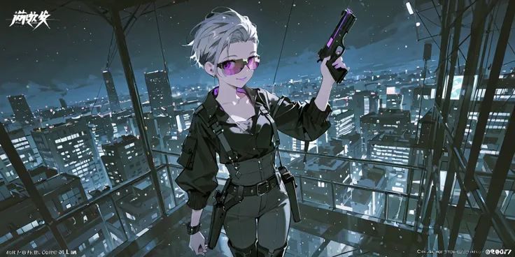 core_9, score_8_up , score_7_up , score_6_up , score_5_up , score_4_up , 4K,8k,1woman, Silver Hair,shaved sides, Eyes that shine with youthful energy and curiosity, cyber sunglasses,3/4 sleeve black shirt with open neck,Roll up sleeves,gray(0.7)Holster ...