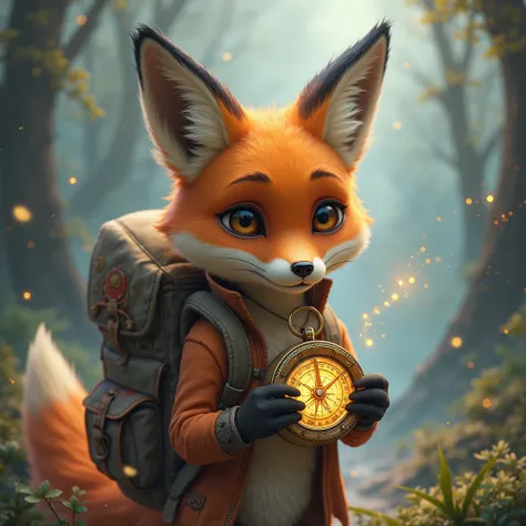  
 
A fox with a backpack on his shoulders holds a compass that shows the way to dreams