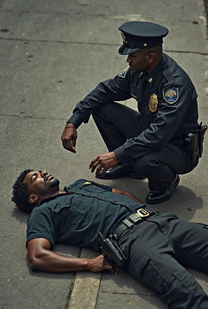 Black man lying on the ground and policeman who also sits on the ground with knees 