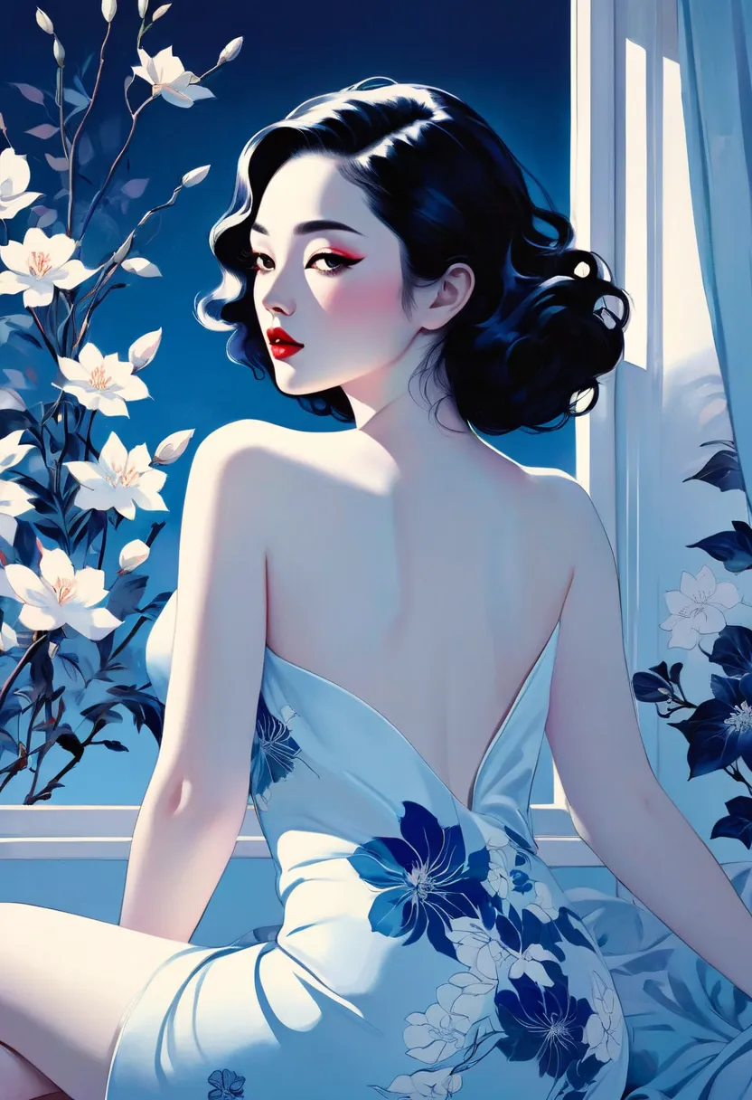  elegant and sensual illustration movie poster art  ,  Retro and Vintage ,  flat illustration , silky flowers around the body ,  uses chiaroscuro technique for illustrations Light from Mattepaint's back window , Hannah Dale, By Harumi Hironaka, Super soft ...