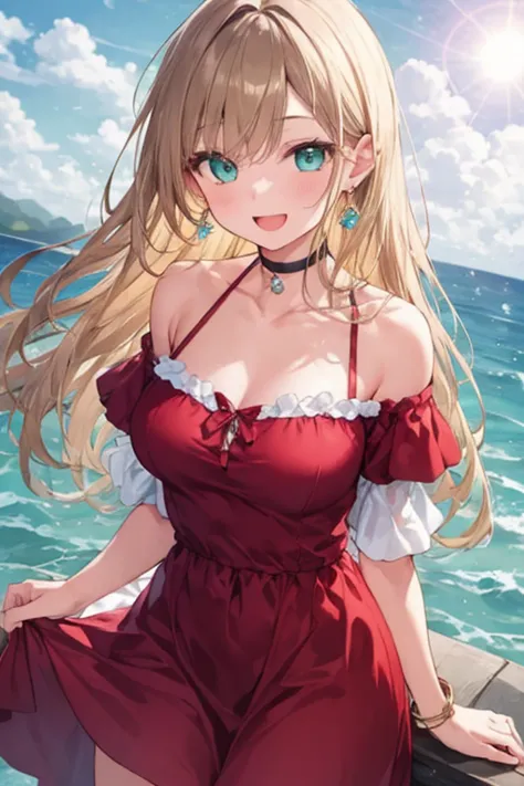 1 girl, :d,  Aqua Eyes, bangs,  shoulder out, Department Stores, , bracelet, chest, blond hair, choker, chest元, clavicle,  dress, earrings, I can see my eyebrows through my hair,  above Decorati has ,   jewelry,  long hair, viewers, large chest, , ocean, o...