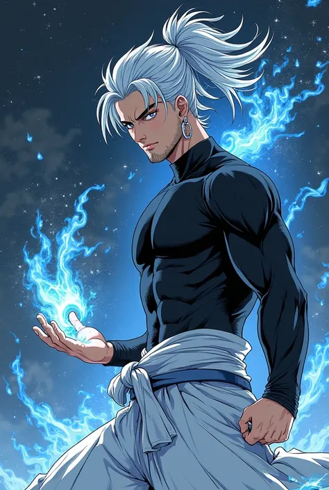 character defined man, Muscular, blue-white hair manga style, Seductive eyes, black compression t-shirt training,  long sleeve, wide white pants kimono, black half,manga style base character, little beard on the chin 35 years old, fluid poses base, silver ...