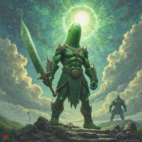 A cucumber as a warrior, Snexy Saints is written in the sky, Hulk can be seen in the background 