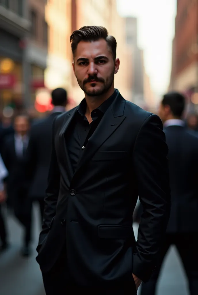 The man is handsome and charismatic posing in a black suit among the crowd on a busy street giving a slightly blurry street pose with the background