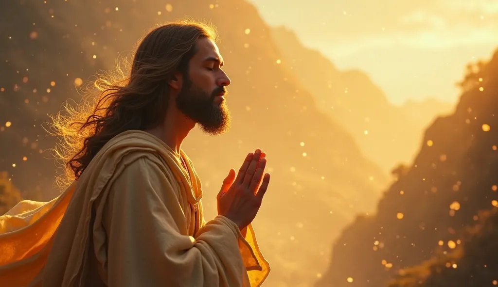 Jesus illuminated by golden light and praying - wind blows through his hair and clothes - panoramic camera - ultra realistic - 8k