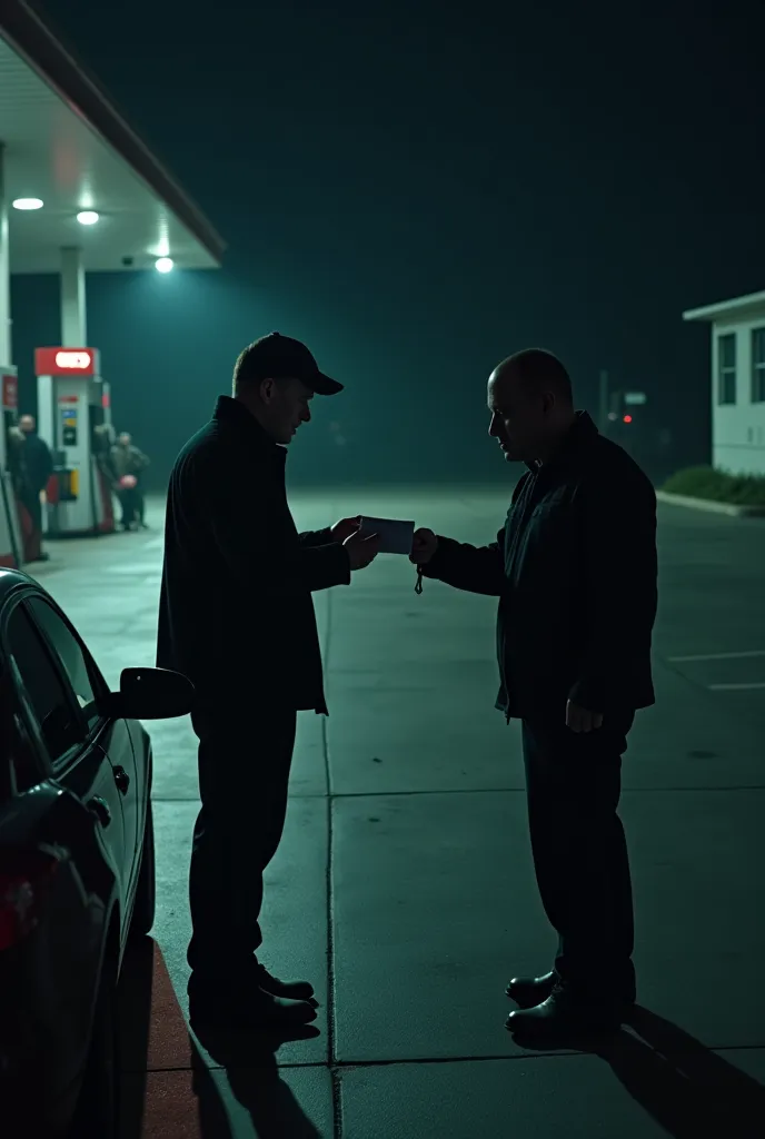 a grainy gas station security footage still showing a man filling up his car at night while a shadowy figure hands him an envelope