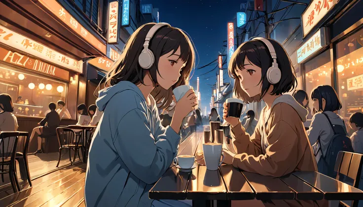 Listening to jazz music with headphones。 girls on the left,Girl drinking hot coffee while listening to jazz music with headphones , alone, 高貴な girls on the left, {{lofi art style}}, 高貴な girls on the left aesthetic, Gai Lan, anime style, feeling relaxed, ...