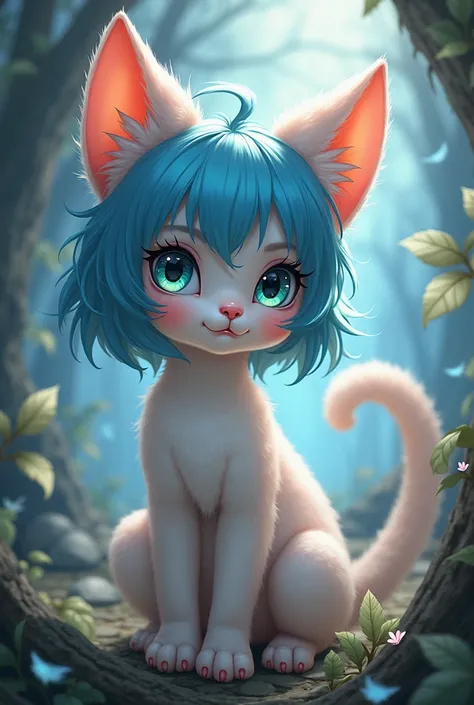 A character with light blue hair, cat ears, one red eye and one yellow eye. 