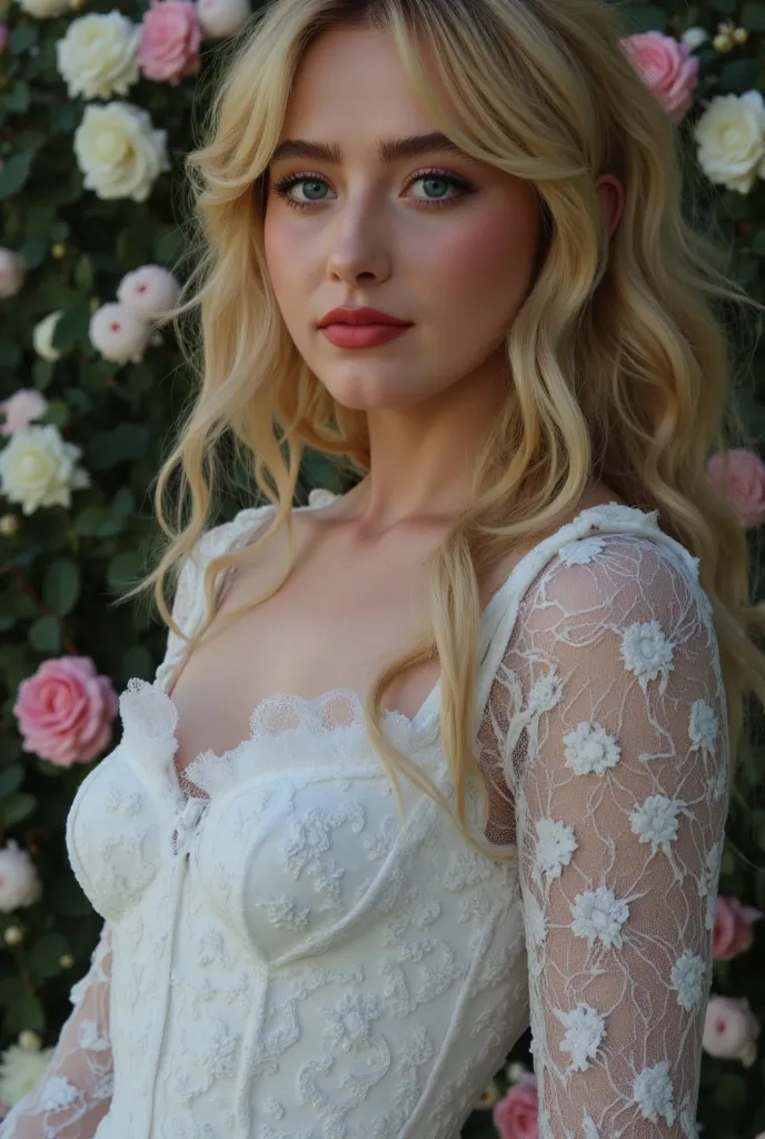  Realistic ((Realismo fotor Realistic )),  hyperresolution , ((hyperinsane quality ,  epic masterpiece , intricately detailed digital art)),((focus on extremely  Realistic Proportion Body:1.3)," portrait of {KATHRYN NEWTON with blue eyes, usando un vestido...