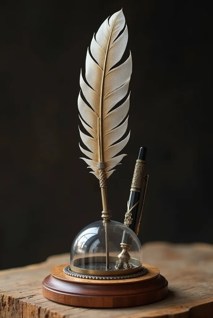 Create an image of a trophy that is just a harpy feather, fountain pen style, In medieval molds, with the ink container next to the pen and with a round wooden base, on the front of the wood a metal for writing cathedra order and a transparent acrylic dome...