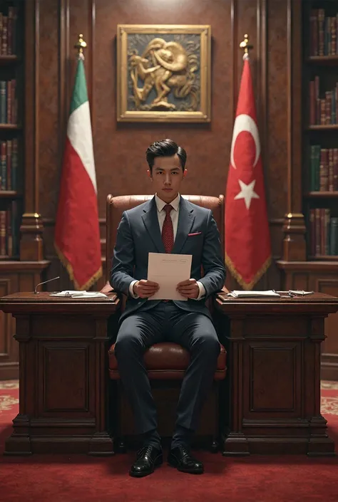 Un bureau (comme ceux des ministres, mais sans drapeau ) avec une personne assied sur le bureau en costard et il tient un document dans les mains. 