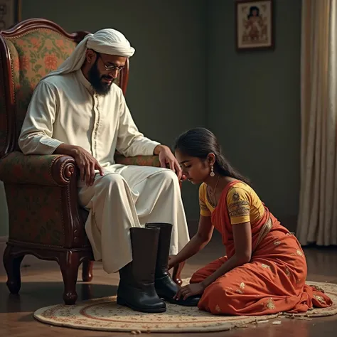 Arab man wearing black leather boots sitting on chair, kerala hindu submissive girl wearing pattupavada Laying on floor and cleaning his boots 