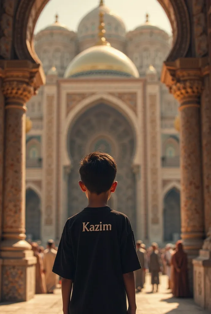 Young Boy standing at the front of shrine of imam hussain  wearing black shirt writ kazim on hos shirt 