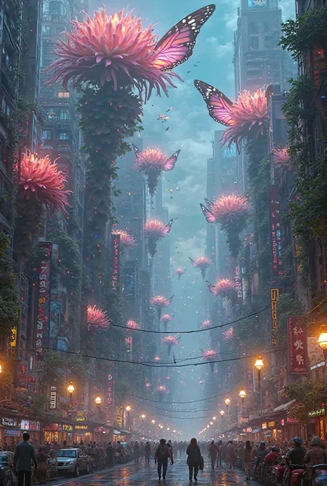 In the background, there are massive glowing flowers replacing billboards and giant butterflies fluttering between the buildings, adding a magical touch