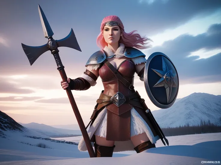 Viking girl with brown and pink hair, using a shield and an iron mace