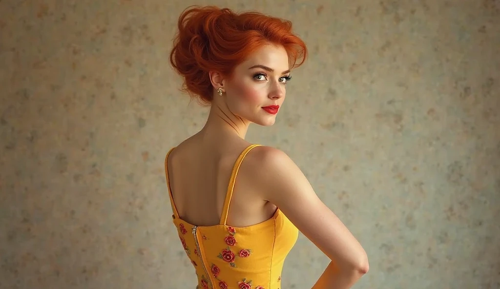 redheaded woman with an elegant Hollywood type pose 40's 50's.Yellow dress with subtle red flowers 