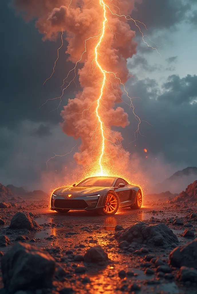 ▸ Main view：The battery turns into a lightning energy core，A golden orange arc bursts from a pole column，metal vines wrap around wheels sticking out of cracks in the ground，brand logo uses lava flow light to float on the hood，and splits into the excavated ...