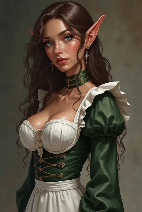 A dark elf maid with rich brown hair cascading over her shoulders and striking blue eyes that matches beautifully with her flawless, dusky skin with a particularly large bust . She wore a rather revealing maid attire, a crisp white and green outfit 