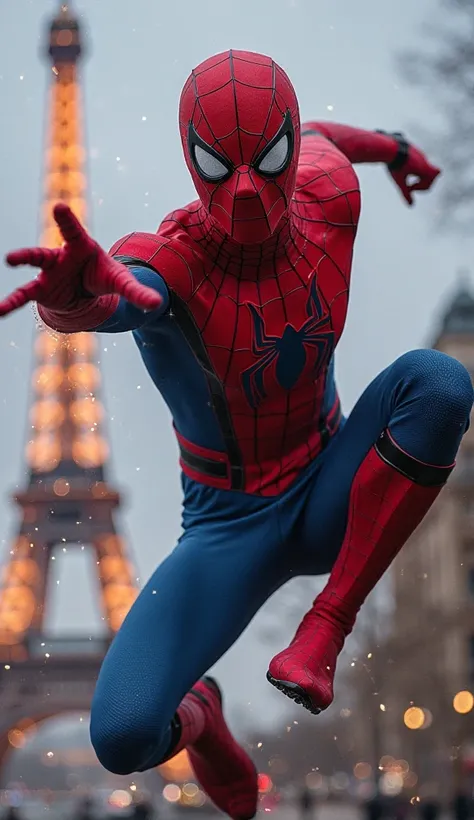 3. Kylian Mbappé – Spider-Man

Pose/Details: A dynamic Mbappé as Spider-Man, dressed in the red and blue suit with webbing covering the body. He leaps forward in an action-packed pose, one hand outstretched to shoot webs. His eyes are intense, filled with ...