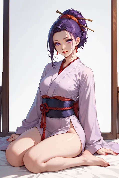  red lips, big purple eyes, 32 years old, high japanese traditional hairdo,   dressed in purple light silk short kimono, no background,  red lipstick, full body shot, sitting pose, no background, picture in anime style